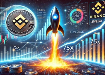 showing a Binance coin rocket launching into space symbolizing a price surge following an announcement The coin is depicted with