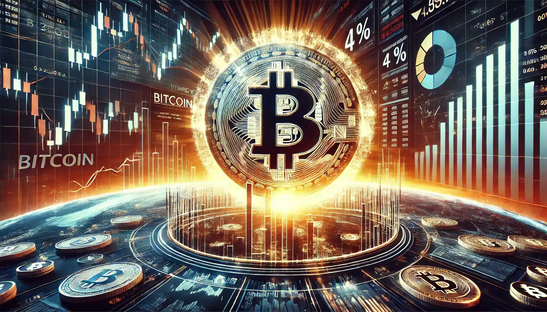 DALL·E 2024 11 26 11.54.00 A dramatic visualization of Bitcoin dominance by MicroStrategy with a large glowing Bitcoin surrounded by smaller Bitcoins representing its 4 share