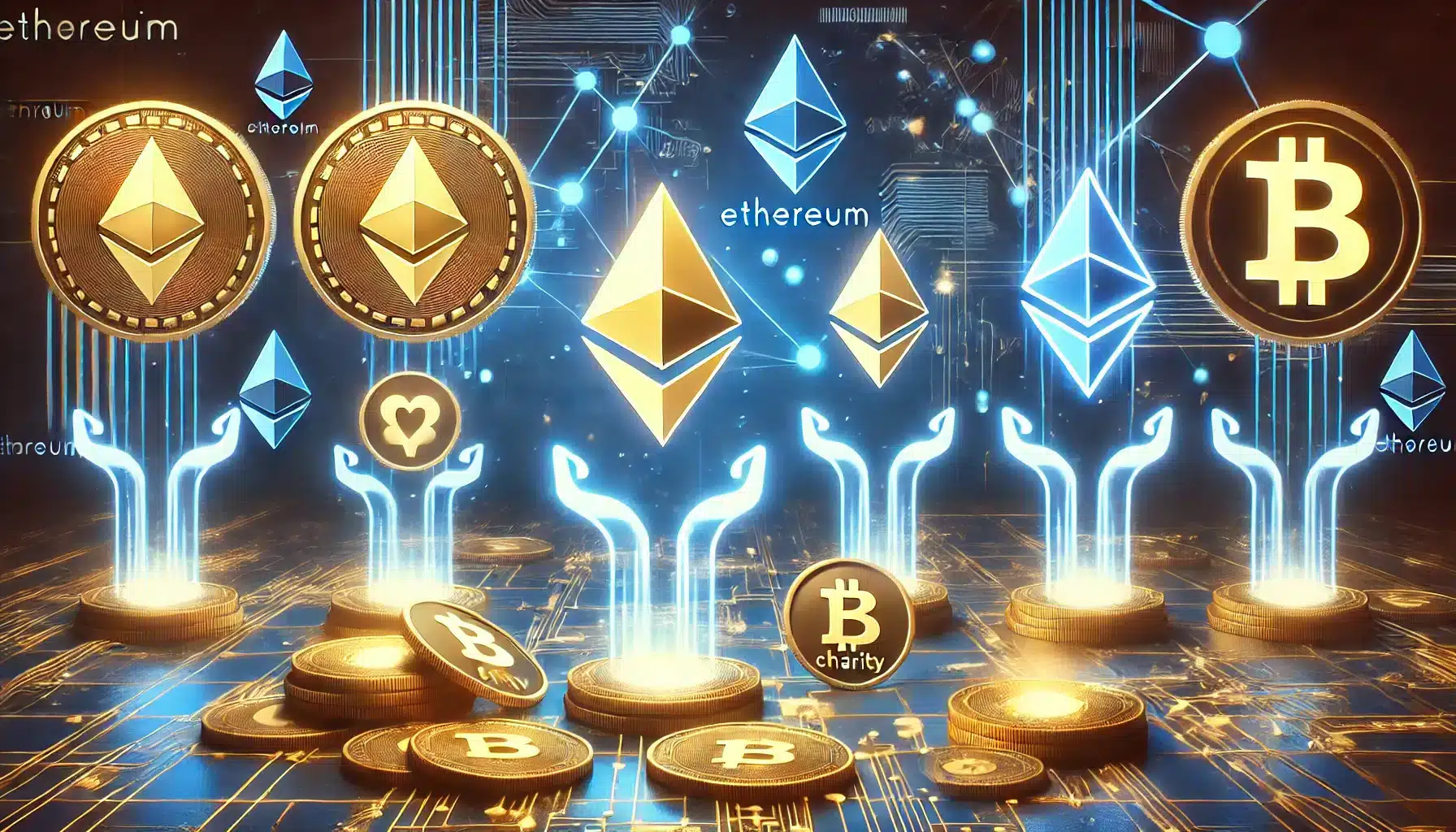 philanthropy featuring Ethereum ETH logos prominently and abstract symbols representing meme coin
