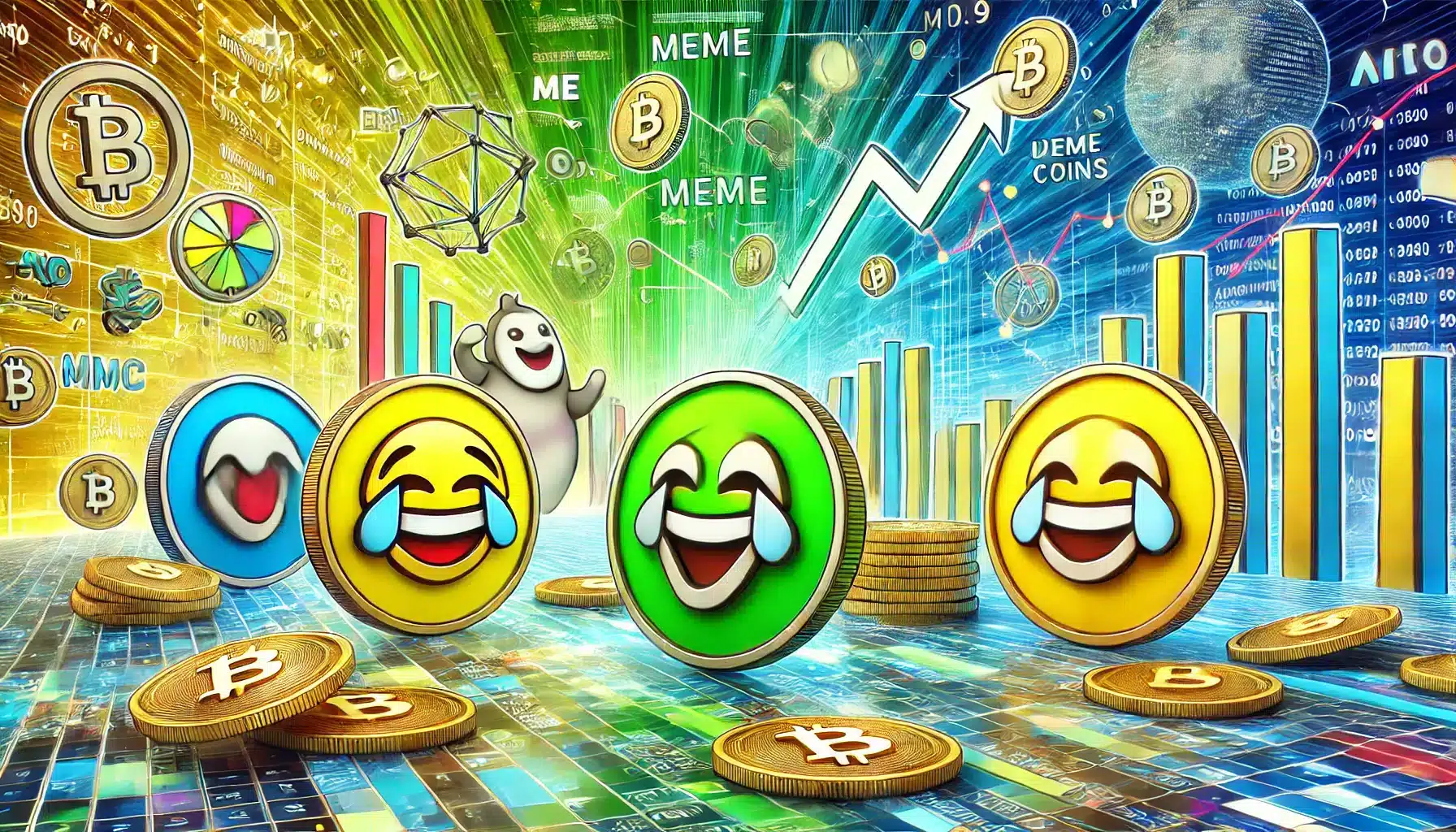 the playful and community driven nature of meme coins in the cryptocurrency market. The scene includes symbols of popular me