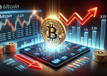 illustrating Bitcoin price volatility due to Mt. Gox is massive Bitcoin transfers. The scene includes a glowing Bitcoin logo