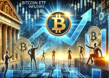 Bitcoin ETF inflows. The image features a glowing Bitcoin symbol stock market charts with upward trends