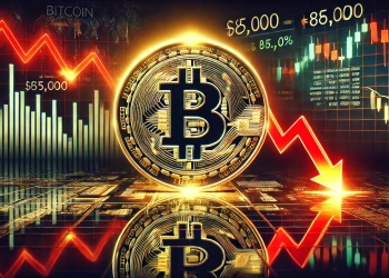 Bitcoin reflecting a potential price correction to 85000. The image features a large glowing Bitcoin symbol with downw