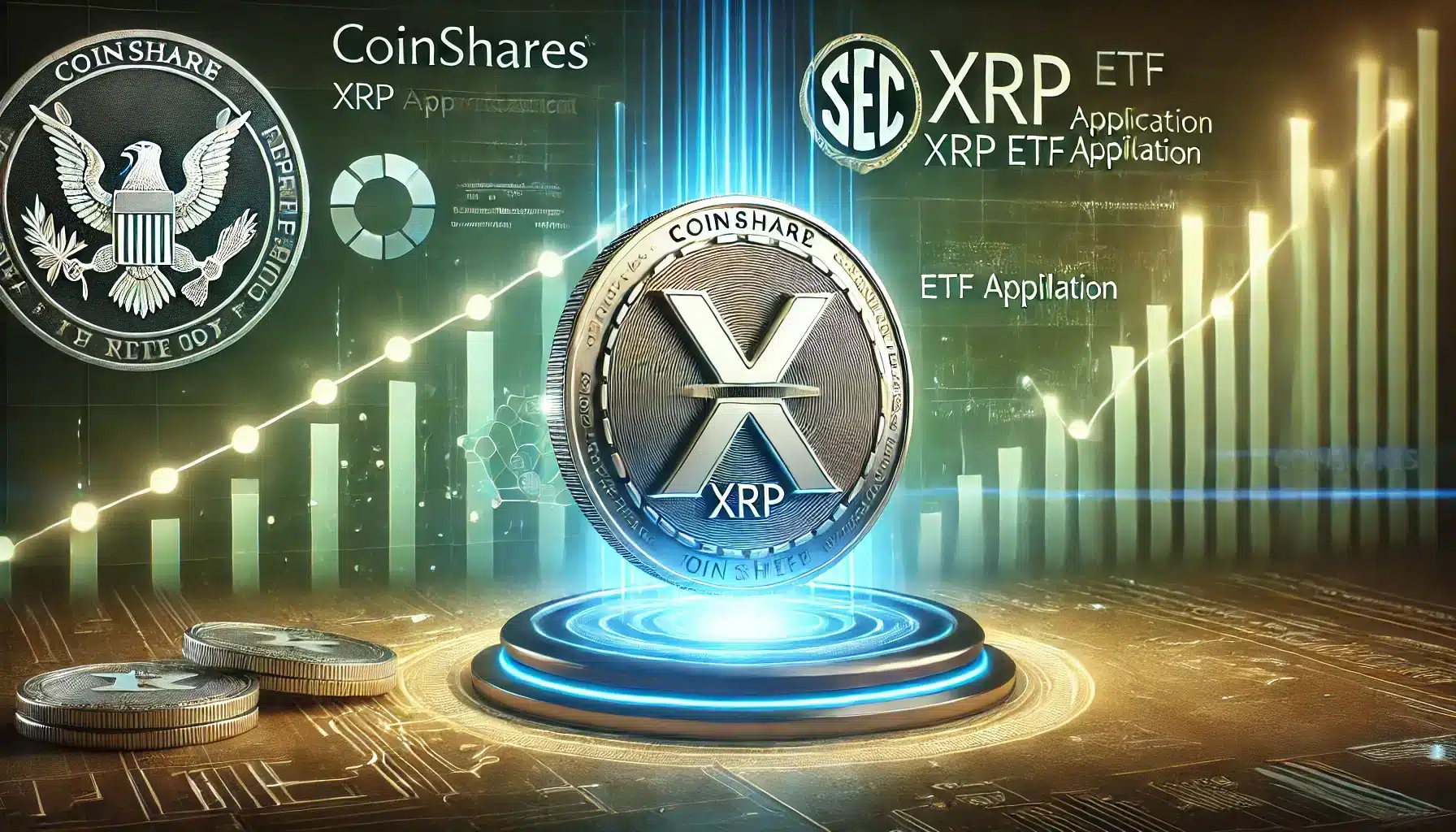 CoinShares XRP ETF application. The design features an XRP coin prominently disp