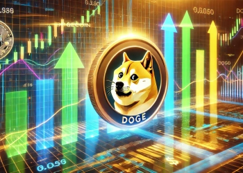 Dogecoin DOGE. The Dogecoin logo is prominently displayed with a glowing effect on a digital grid. Su