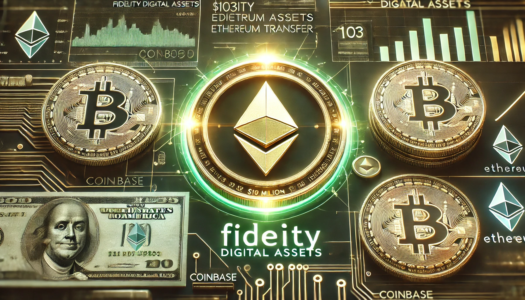 Fidelity'nin 103 Milyon Dolarlık Ethereum Yatırımı Yeni ATH Tahminlerine Yol Açtı 7 Fidelity Digital Assets 103 million Ethereum transfer. Highlight a glowing Ethereum coin in the center with a fu