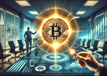 Morgan Creek Capital CEO Mark Yuskos stance on XRP. The image features a glowing Bitcoin symbol in the fore