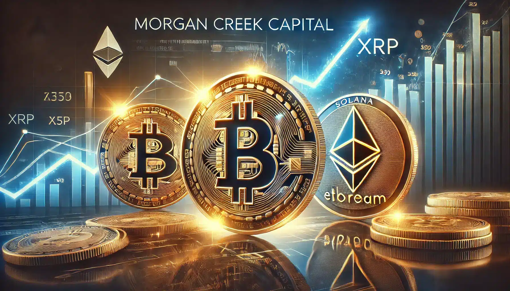 Morgan Creek Capital is stance on XRP investment. The image features glowing Bitcoin Ethereum