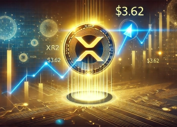 XRP is price surge towards 3.62. The image features a glowing XRP coin breaking through a resist