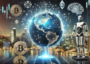 artificial intelligence and cryptocurrency featuring a digital globe with interconnected data