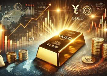 gold prices hitting a record high. A large shining gold bar sits at the center surrounded by glowing st