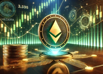 showcasing the Hedera HBAR token with a futuristic financial chart in the background. The design inc