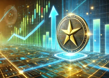 the Stellar XLM cryptocurrency with a glowing coin symbol on a digital grid background. The scene include
