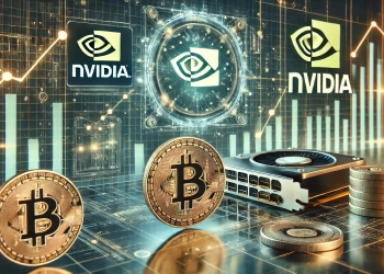 AI tokens and Nvidia is logo. The background includes a digital financial chart with rising trends sym