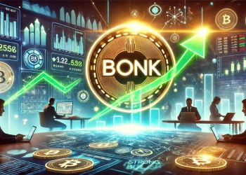 BONK cryptocurrency in a strong bullish trend. The image features a glowing BONK logo rising on a financi