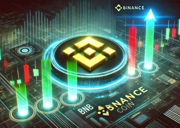 Binance Coin BNB breaking key resistance levels. The image features a high tech digital chart with glo