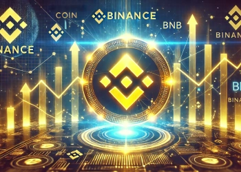 Binance Coin BNB in a bullish market trend. The image features a glowing BNB logo surrounded by upwar