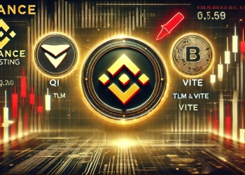Binance delisting QI TLM and VITE trading pairs. The image features the Binance logo with a red warning symbol