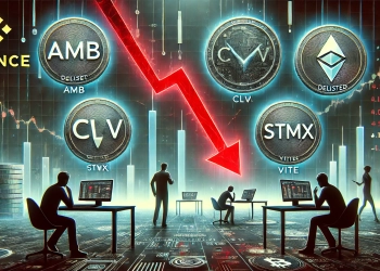 Binance delisting four altcoins. The image features a dark themed cryptocurrency exchange interface wit