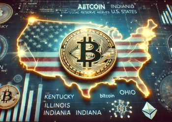 Bitcoin being adopted as a strategic reserve asset by U.S. states. The image features the Bitcoin logo glowing pr