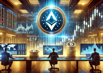 Cardano ADA and Grayscale ETF in a futuristic digital market setting. The image includes a glowing C
