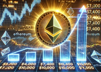 Ethereum is price surge prediction featuring a glowing Ethereum ETH coin ascending through financial charts wit