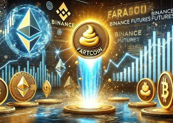 Fartcoin is surge in Binance Futures. The image features a glowing Fartcoin token rising above Ethereum and Chainlink