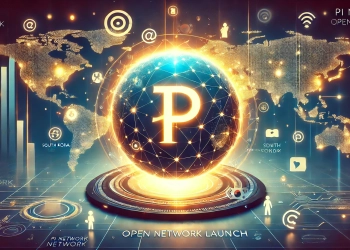 Pi Network is global expansion and its upcoming Open Network launch. The image features a glowing Pi Netwo