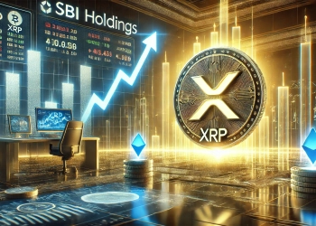 SBI Holdings and XRP. The image showcases a glowing XRP coin with a rising stock chart in the background symbo
