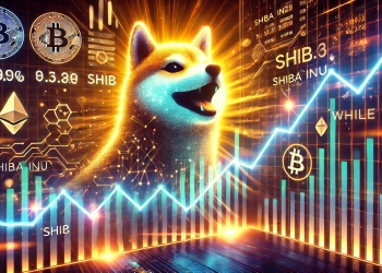 Shiba Inu SHIB cryptocurrency. The image showcases a rising price chart with a futuristic digital theme