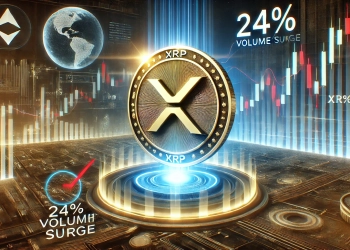 XRP cryptocurrency with a digital trading chart showing a 24 volume surge. The image includes a glowing XRP co