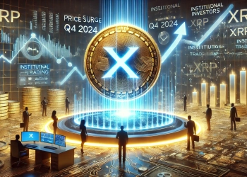XRP is massive price surge in Q4 2024. The image showcases a glowing XRP coin with an upward trending price char