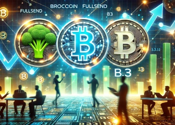 cryptocurrencies BROCCOLI FULLSEND and B3. The image features a futuristic crypto trading