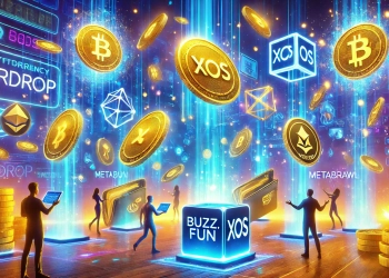 cryptocurrency airdrop event scene. A futuristic digital environment with glowing token icons for Buzz.Fun XOS MetaBrawl and Venice float