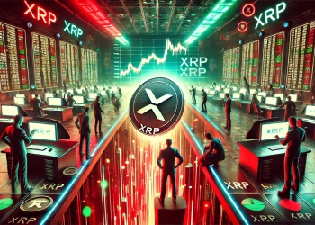 cryptocurrency market scene focusing on XRP is price volatility. A futuristic digital trading floor with large screens displaying fluctuatin