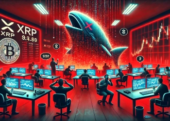 cryptocurrency market scene showing a massive whale sell off of XRP. A digital trading floor with large red screens displaying a sharp decl