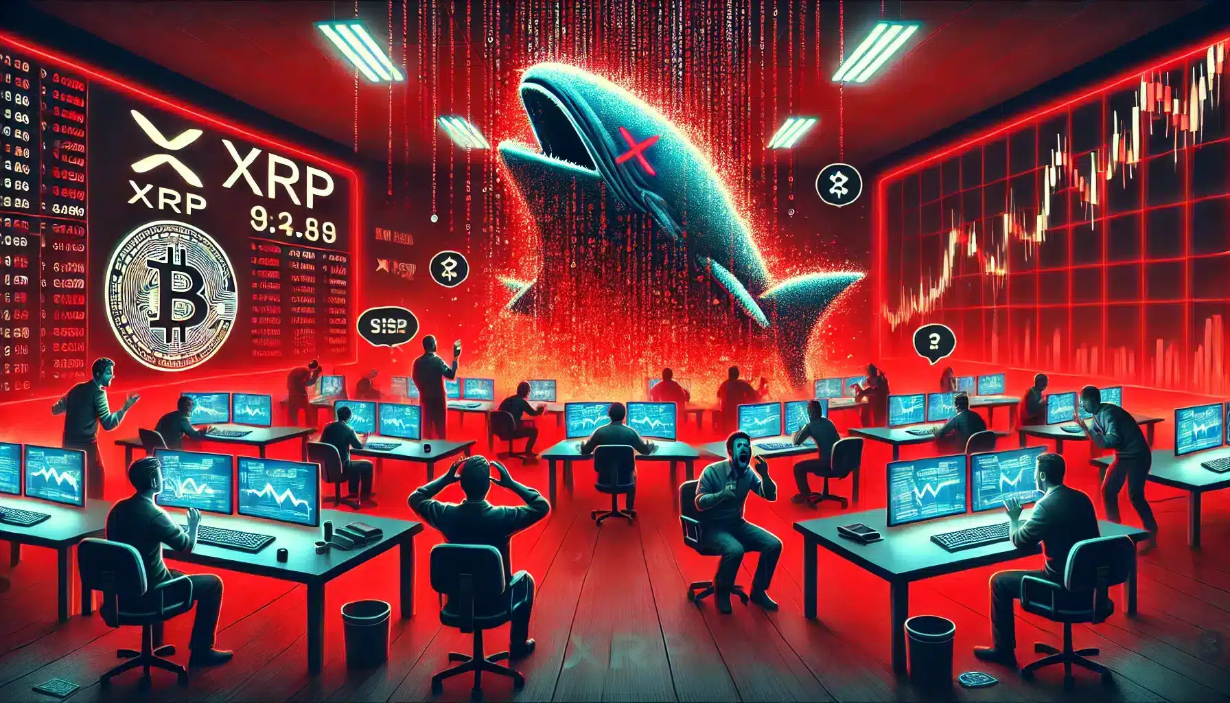 Balina Satışı: 130 Milyon XRP Tasfiye Edildi! 7 cryptocurrency market scene showing a massive whale sell off of XRP. A digital trading floor with large red screens displaying a sharp decl
