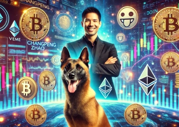 cryptocurrency scene featuring Changpeng Zhao CZ with a Belgian Malinois dog. The image should include digital trading char