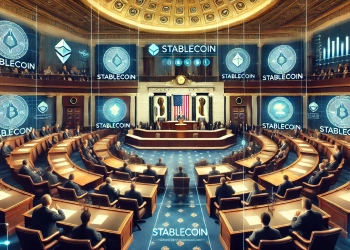 depicting the U.S. Congress discussing stablecoin regulations. The image features a modern congressional chamber w