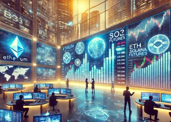 exchange scene featuring Brazil is largest exchange B3 launching Ethereum and Solana futures. The image should depict a high tech