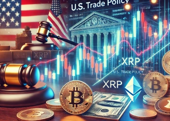 the impact of tariffs on the cryptocurrency market. The image features a digital stock market ch