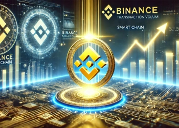 Binance Smart Chain BSC surpassing Solana in transaction volume. The image features a glowing Binance