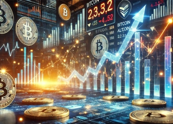 Bitcoin and altcoins rising in value. A futuristic digital stock exchange board displays an upward trend in the cr