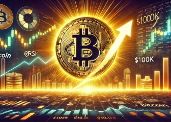 Bitcoin approaching the 100000 milestone. The scene shows a large golden Bitcoin symbol rising towa