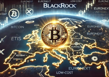 BlackRock is launch of a Bitcoin ETP in Europe. The image features a glowing Bitcoin symbol centered over a