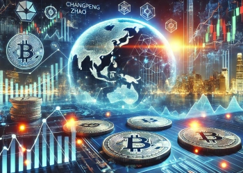 Changpeng Zhao CZ with Bitcoin and crypto market graphs. The image represents market volatility with digital