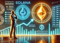 Ethereum and Solana side by side in a futuristic crypto trading environment. Ethereum is glowing logo is displayed wit
