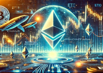 Ethereum is price trends. A glowing Ethereum logo is prominently displayed surrounded by blockchain netw