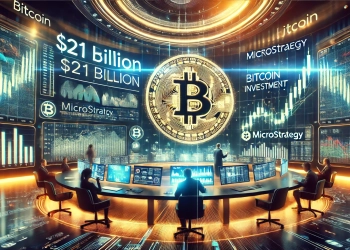 MicroStrategy bold Bitcoin investment. A high tech stock market setting with digital screens displaying Micro