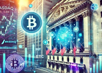 Nasdaq building with a digital overlay of Polkadot DOT cryptocurrency symbols and stock mar